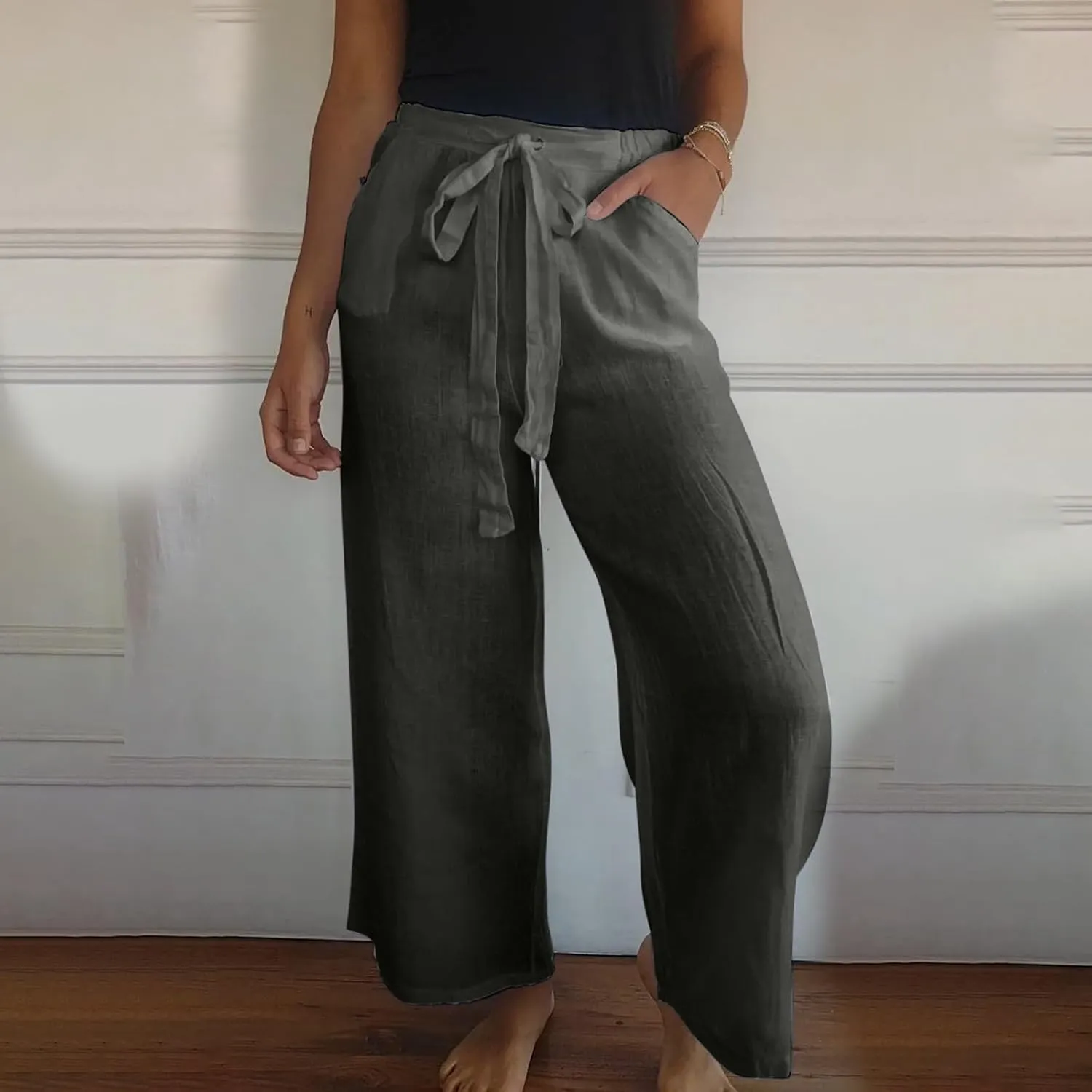 Cotton Line Drawstring Waist Linen Pants for Women High Waist Relaxed Fit Casual Trousers with Pockets
