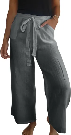 Cotton Line Drawstring Waist Linen Pants for Women High Waist Relaxed Fit Casual Trousers with Pockets