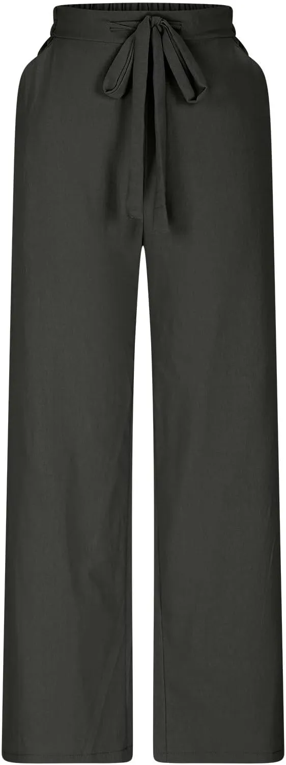 Cotton Line Drawstring Waist Linen Pants for Women High Waist Relaxed Fit Casual Trousers with Pockets