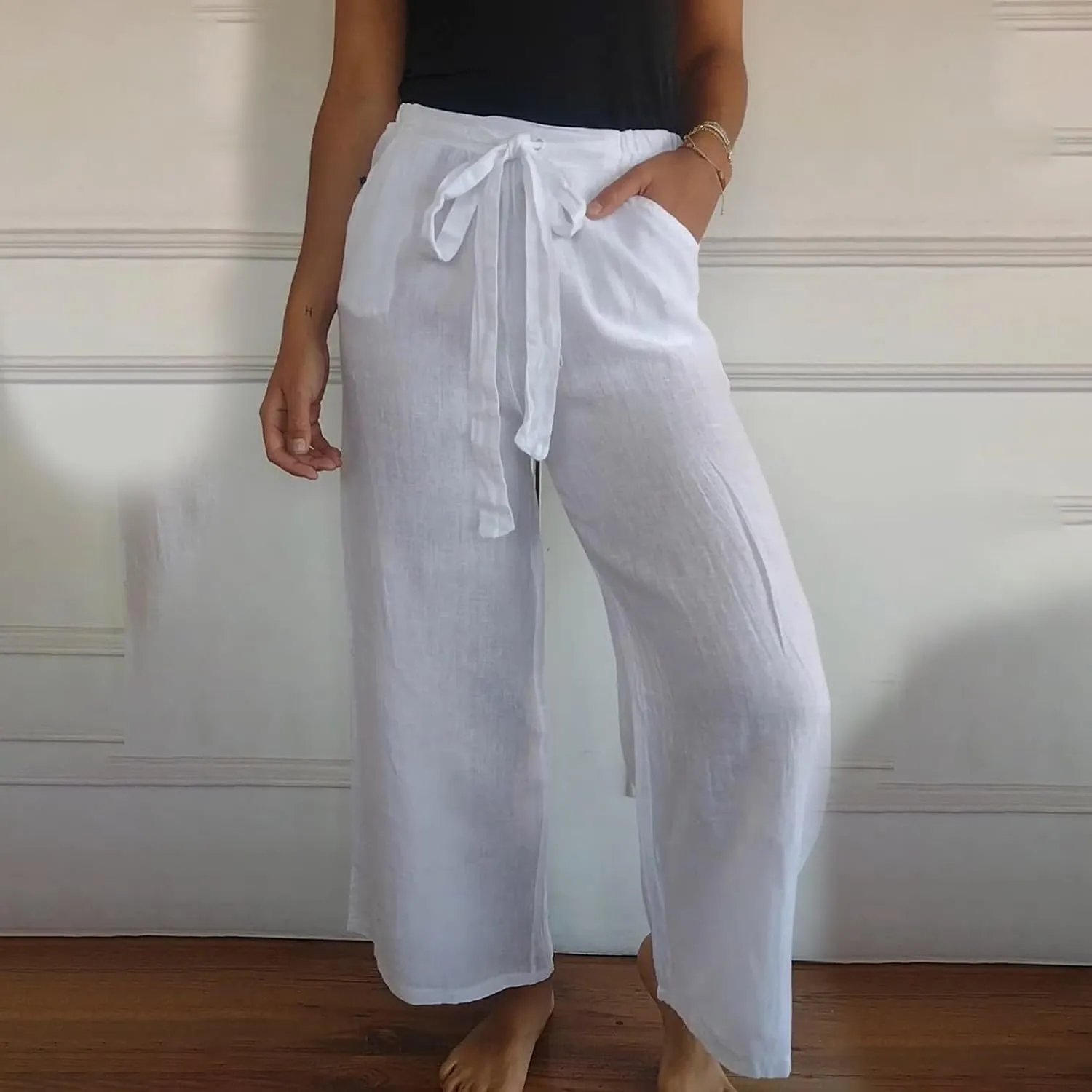 Cotton Line Drawstring Waist Linen Pants for Women High Waist Relaxed Fit Casual Trousers with Pockets