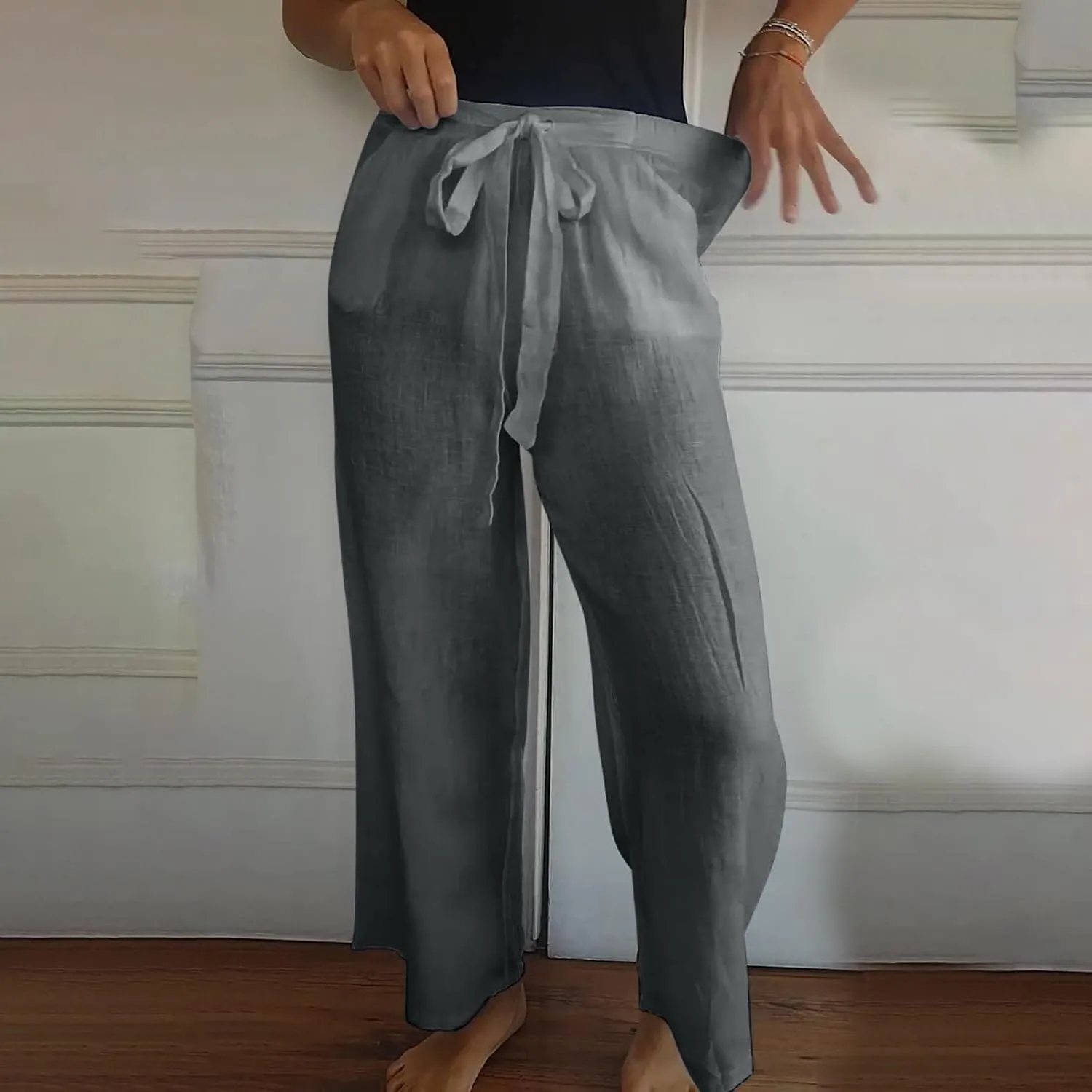 Cotton Line Drawstring Waist Linen Pants for Women High Waist Relaxed Fit Casual Trousers with Pockets