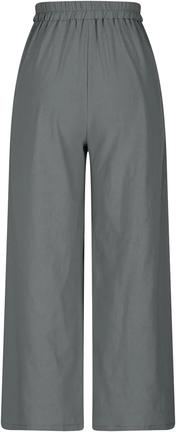 Cotton Line Drawstring Waist Linen Pants for Women High Waist Relaxed Fit Casual Trousers with Pockets
