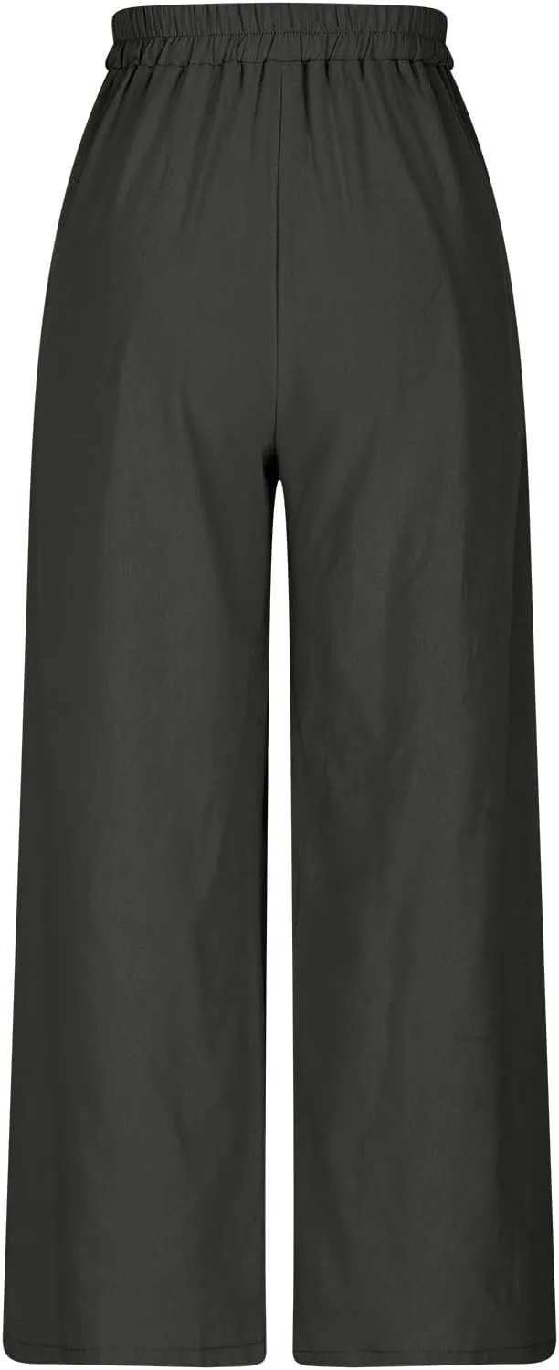 Cotton Line Drawstring Waist Linen Pants for Women High Waist Relaxed Fit Casual Trousers with Pockets