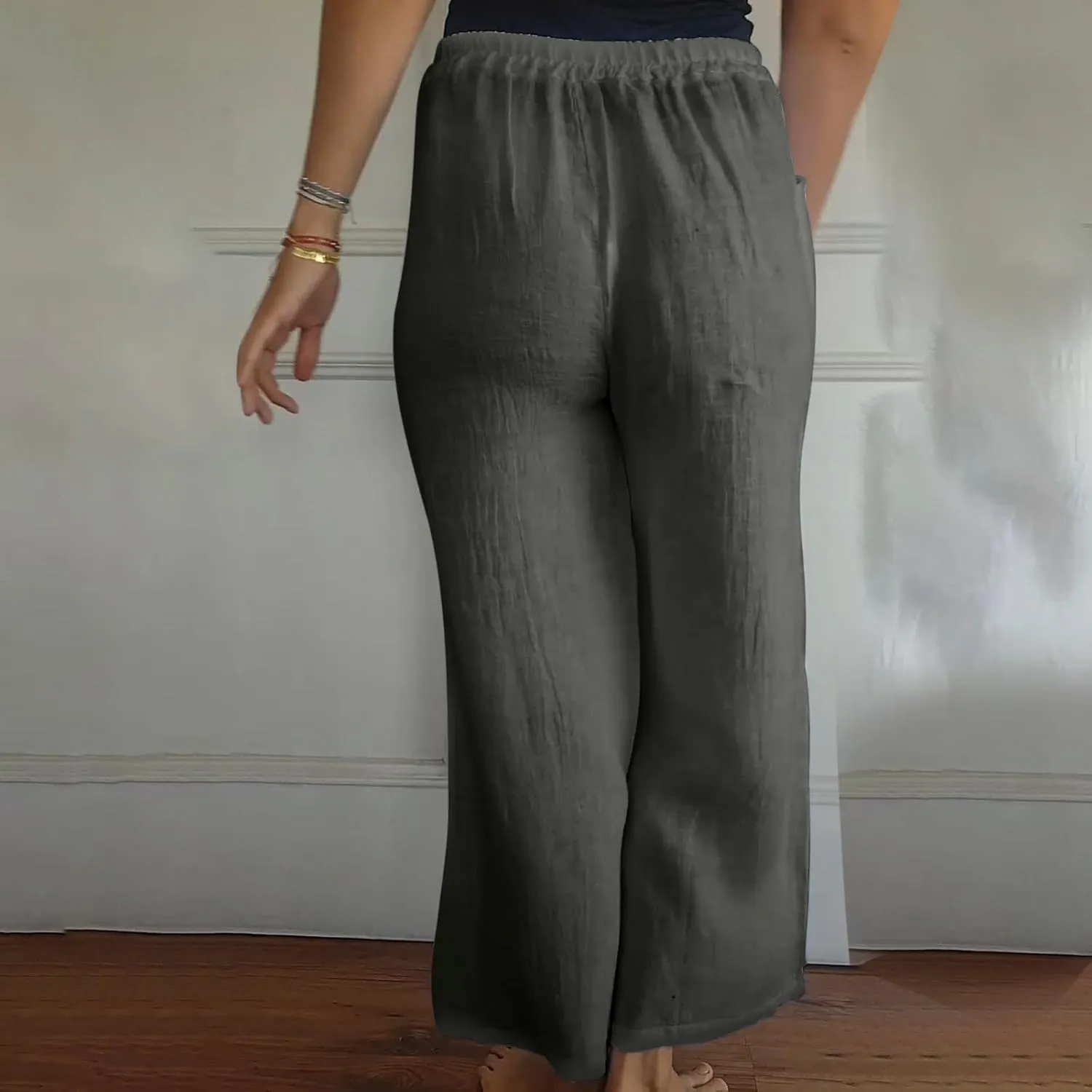 Cotton Line Drawstring Waist Linen Pants for Women High Waist Relaxed Fit Casual Trousers with Pockets