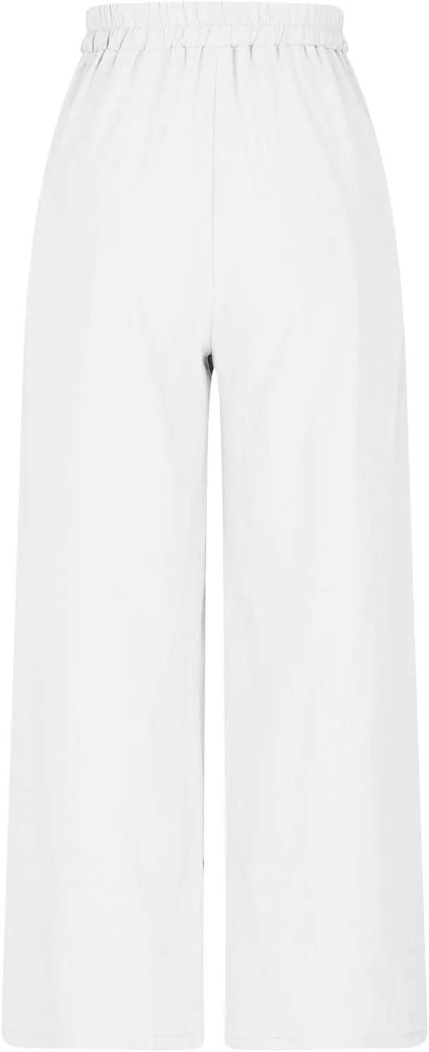 Cotton Line Drawstring Waist Linen Pants for Women High Waist Relaxed Fit Casual Trousers with Pockets