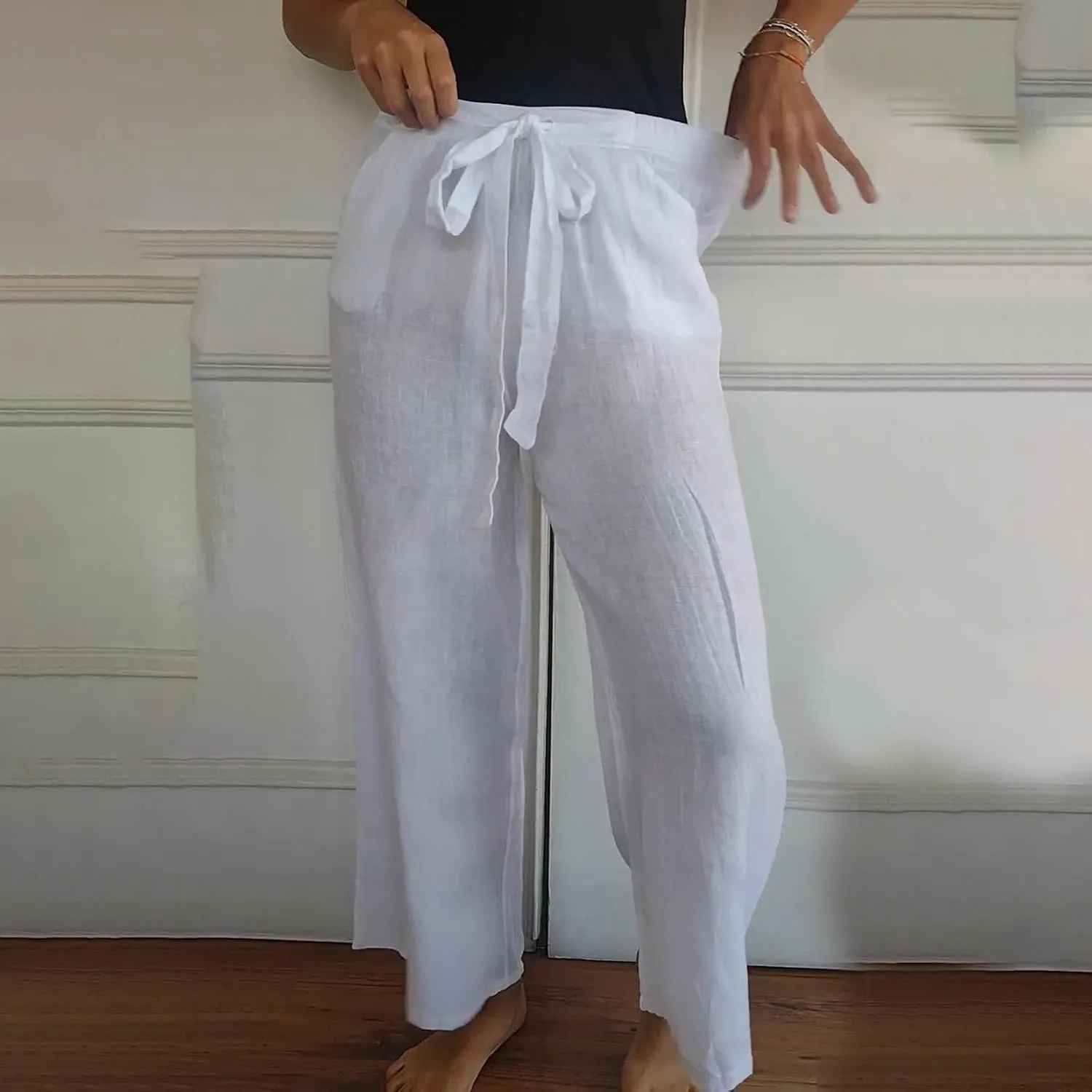 Cotton Line Drawstring Waist Linen Pants for Women High Waist Relaxed Fit Casual Trousers with Pockets