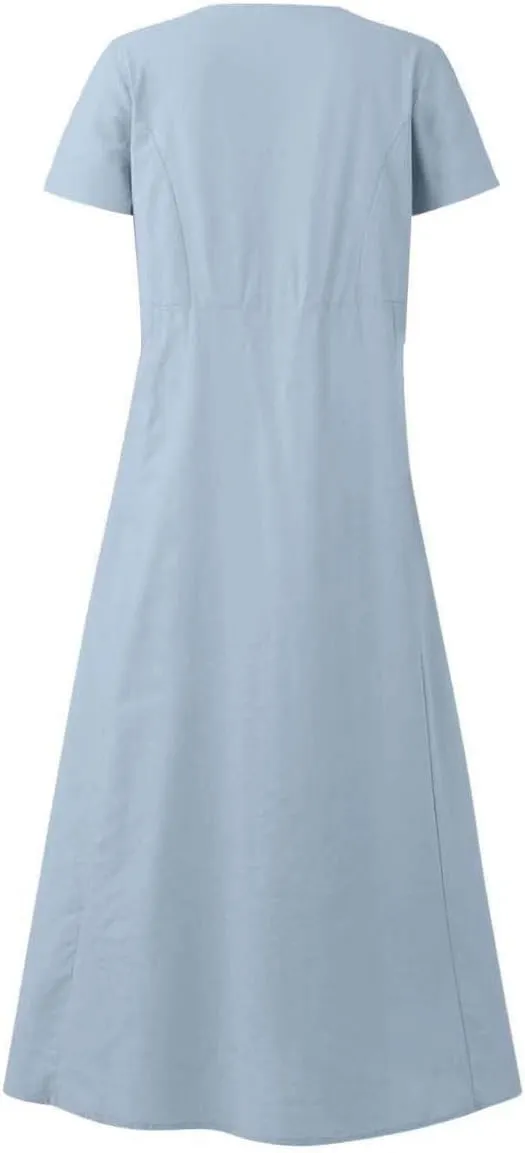 Cotton Linen Dress for Women Summer Short Sleeve Solid Sundress Casual Baggy Flowy Beach Maxi Dresses with Pockets