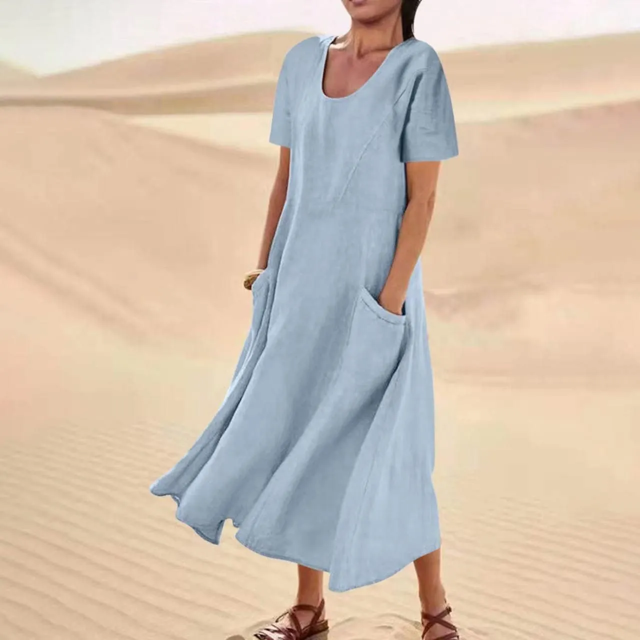 Cotton Linen Dress for Women Summer Short Sleeve Solid Sundress Casual Baggy Flowy Beach Maxi Dresses with Pockets