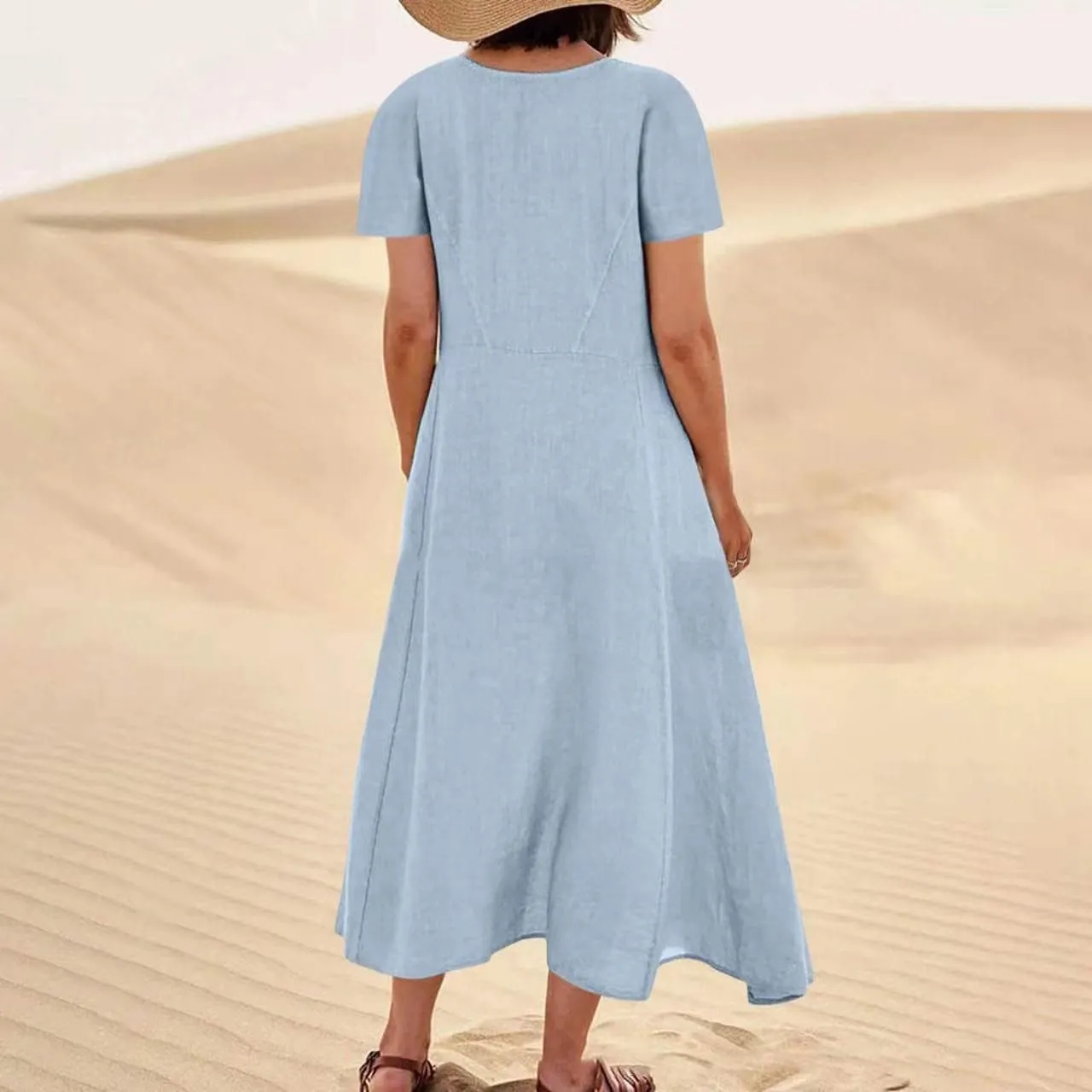 Cotton Linen Dress for Women Summer Short Sleeve Solid Sundress Casual Baggy Flowy Beach Maxi Dresses with Pockets