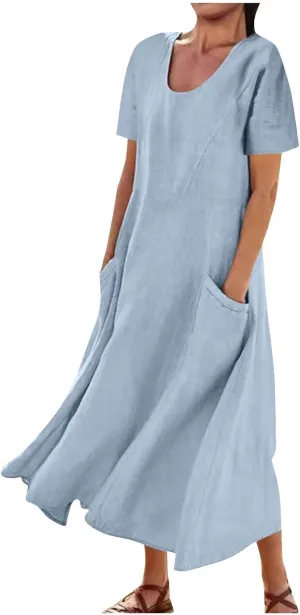 Cotton Linen Dress for Women Summer Short Sleeve Solid Sundress Casual Baggy Flowy Beach Maxi Dresses with Pockets