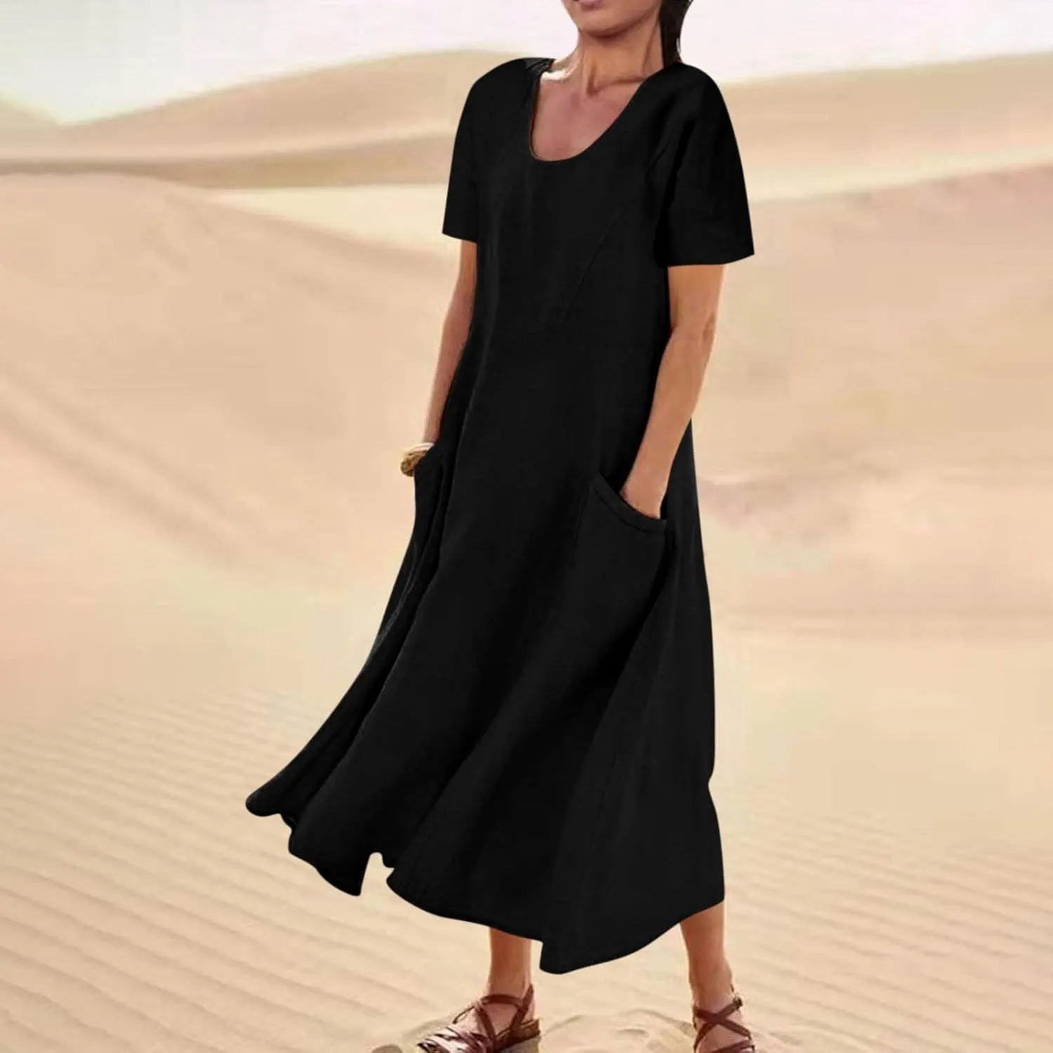 Cotton Linen Dress for Women Summer Short Sleeve Solid Sundress Casual Baggy Flowy Beach Maxi Dresses with Pockets