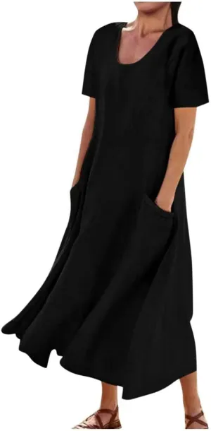 Cotton Linen Dress for Women Summer Short Sleeve Solid Sundress Casual Baggy Flowy Beach Maxi Dresses with Pockets
