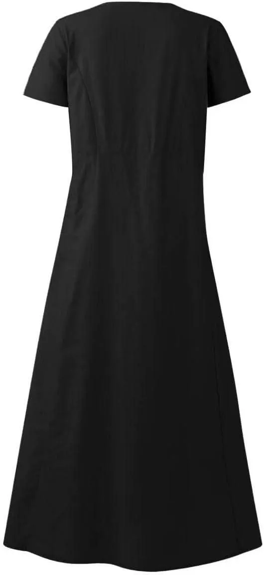 Cotton Linen Dress for Women Summer Short Sleeve Solid Sundress Casual Baggy Flowy Beach Maxi Dresses with Pockets