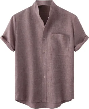 Cotton Linen Hawaiian Shirt for Men Stand Collar Summer Button Down Short Sleeve Casual Beach Aloha Shirts