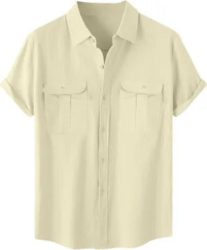 Cotton Linen Shirts for Men Short Sleeve Button Down Shirts Casual Summer Beach Tops Stylish Dress Shirt with Pockets