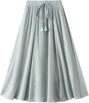 Cotton Linen Skirts for Women Stretchy High Waisted A Line Skirts Vintage Solid Color Drawstring Swing Midi Skirt