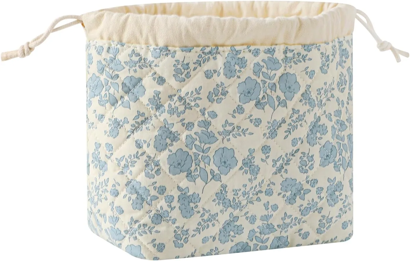 Cotton Quilted Drawstring Makeup Bag with Canvas Lining,Coquette Aesthetic Cute Travel Toiletry Bag,Drawstring Gift Bag for Women and Girls02Light Blue Flower