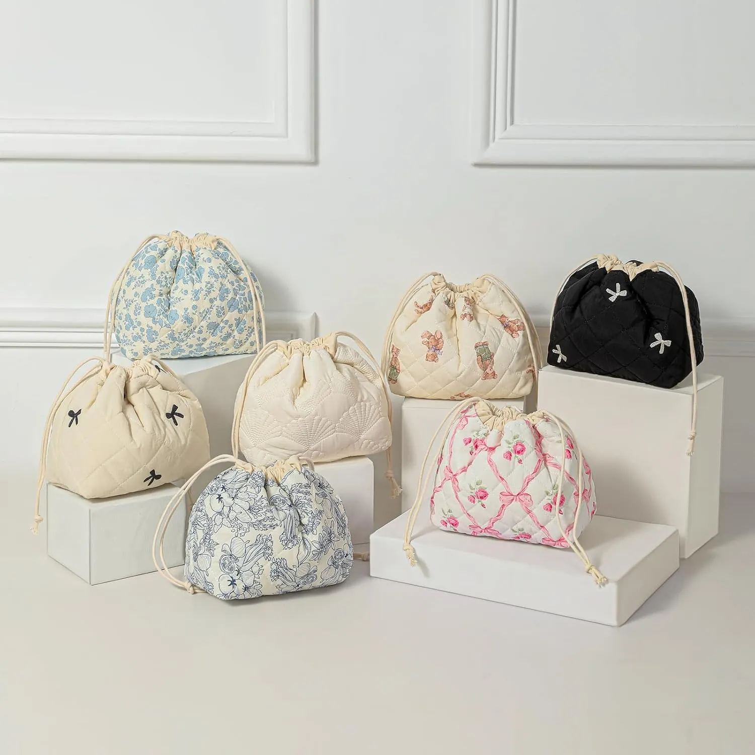 Cotton Quilted Drawstring Makeup Bag with Canvas Lining,Coquette Aesthetic Cute Travel Toiletry Bag,Drawstring Gift Bag for Women and Girls02Light Blue Flower