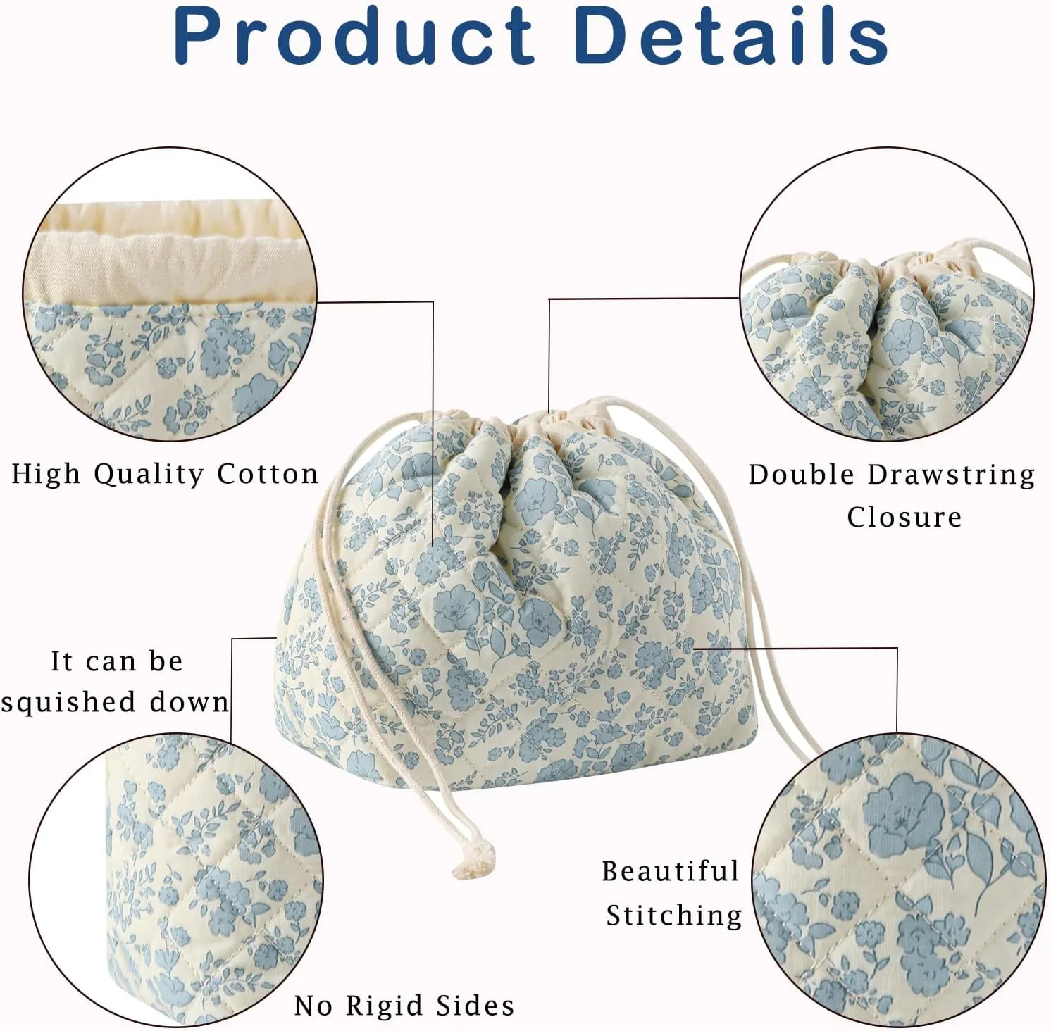 Cotton Quilted Drawstring Makeup Bag with Canvas Lining,Coquette Aesthetic Cute Travel Toiletry Bag,Drawstring Gift Bag for Women and Girls02Light Blue Flower