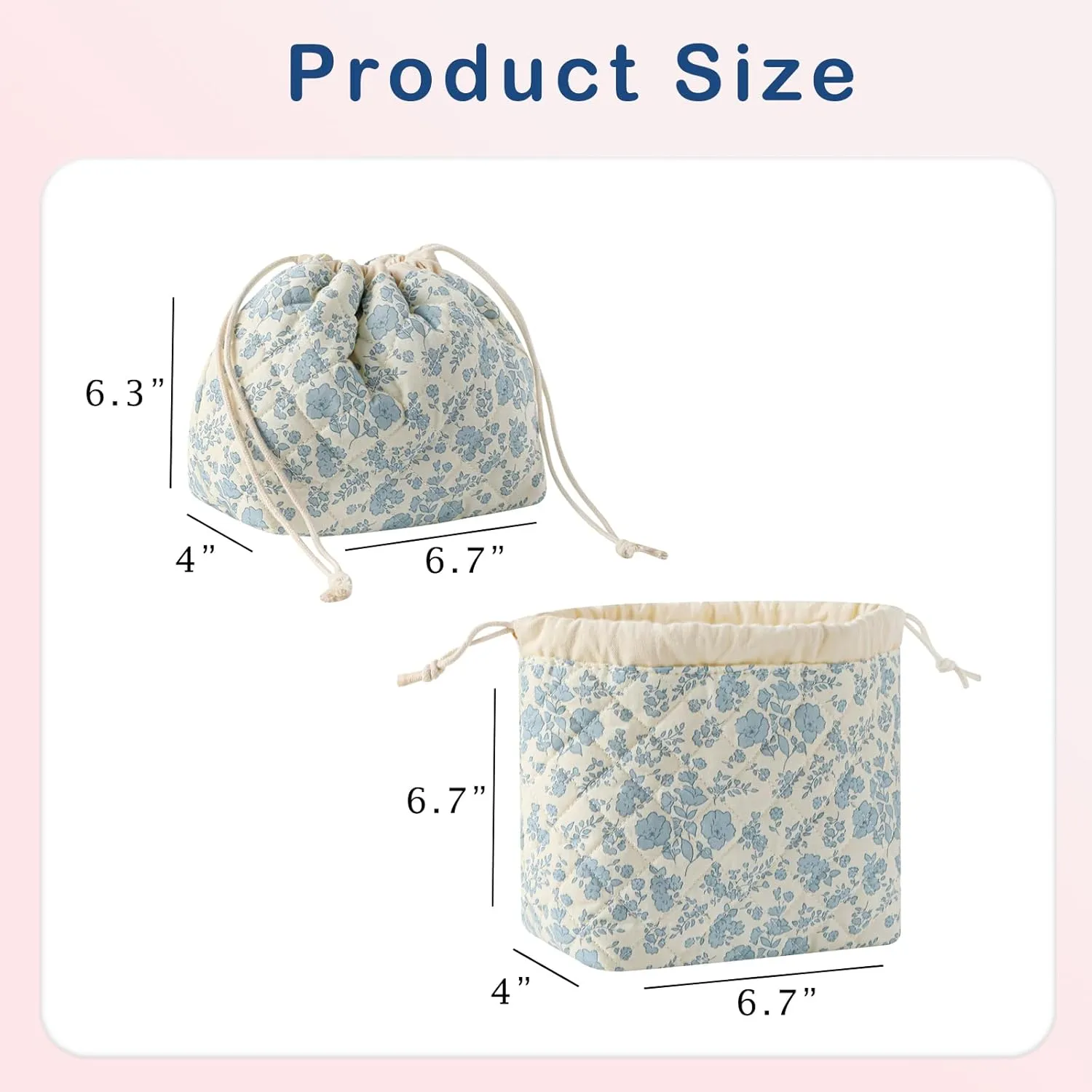 Cotton Quilted Drawstring Makeup Bag with Canvas Lining,Coquette Aesthetic Cute Travel Toiletry Bag,Drawstring Gift Bag for Women and Girls02Light Blue Flower
