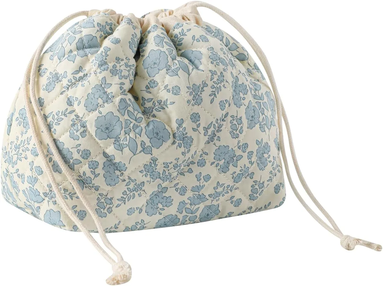Cotton Quilted Drawstring Makeup Bag with Canvas Lining,Coquette Aesthetic Cute Travel Toiletry Bag,Drawstring Gift Bag for Women and Girls02Light Blue Flower