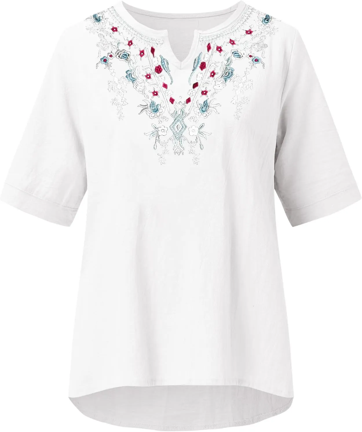 Cotton Shirts for Women Fashion Embroidery Short Sleeve Tops Casual Loose Fit Summer Blouses Comfy Size T-Shirts