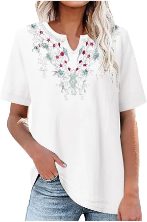 Cotton Shirts for Women Fashion Embroidery Short Sleeve Tops Casual Loose Fit Summer Blouses Comfy Size T-Shirts