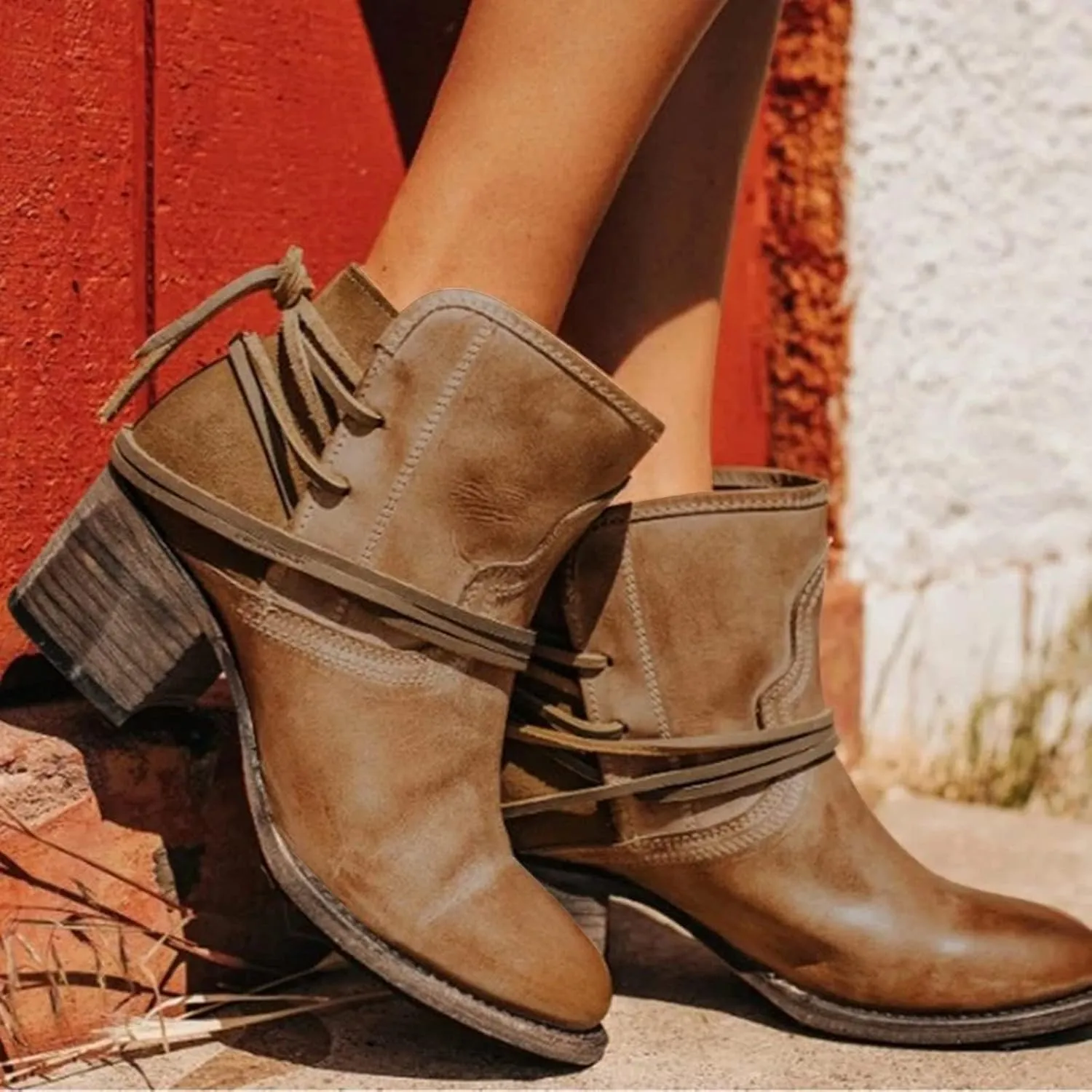Cowboy Boots for Women Low Heel Mid Calf Boots Block Chunky Heel Pointed Toe Military Zipper Motorcycle Cowboy Ankle Booties 52