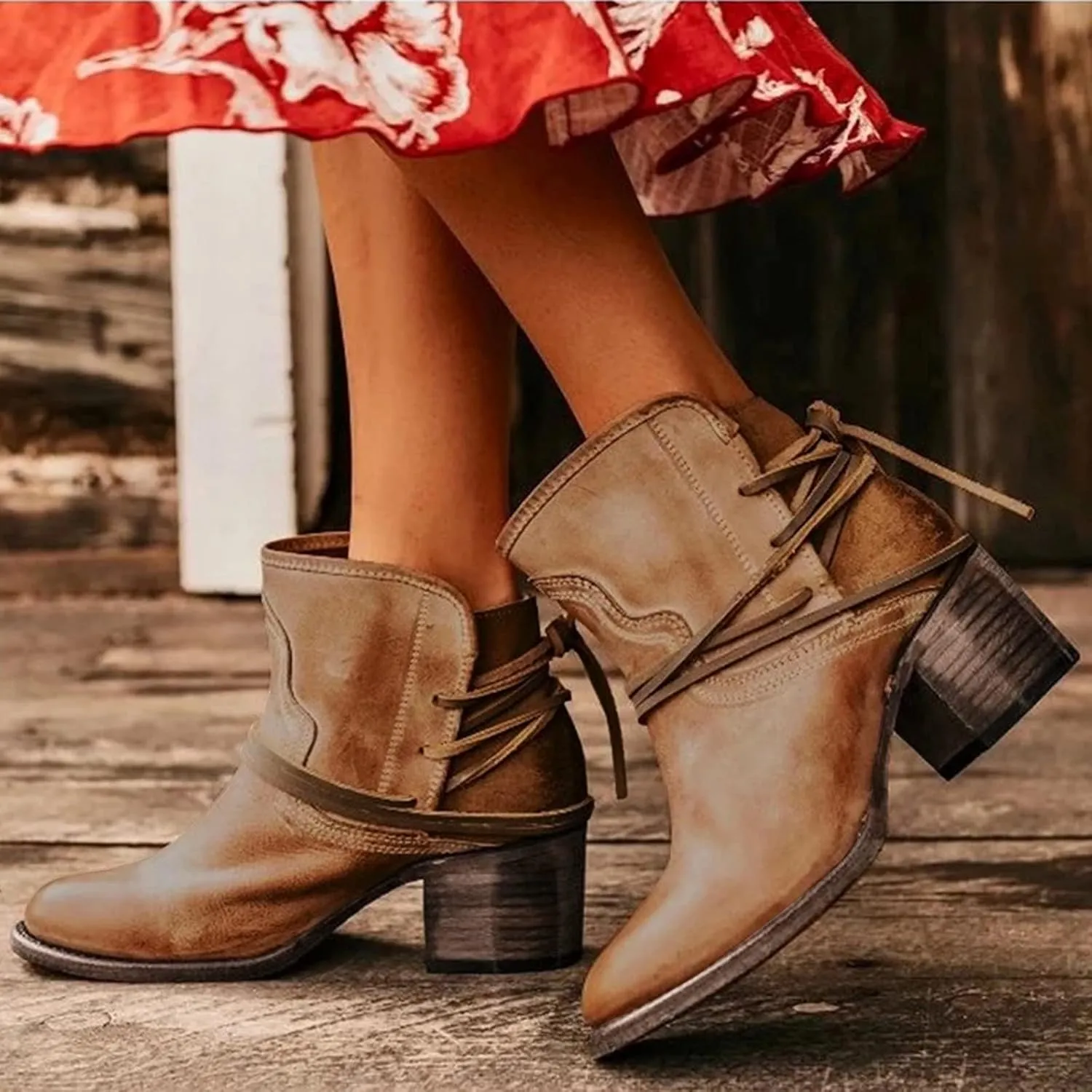 Cowboy Boots for Women Low Heel Mid Calf Boots Block Chunky Heel Pointed Toe Military Zipper Motorcycle Cowboy Ankle Booties 52