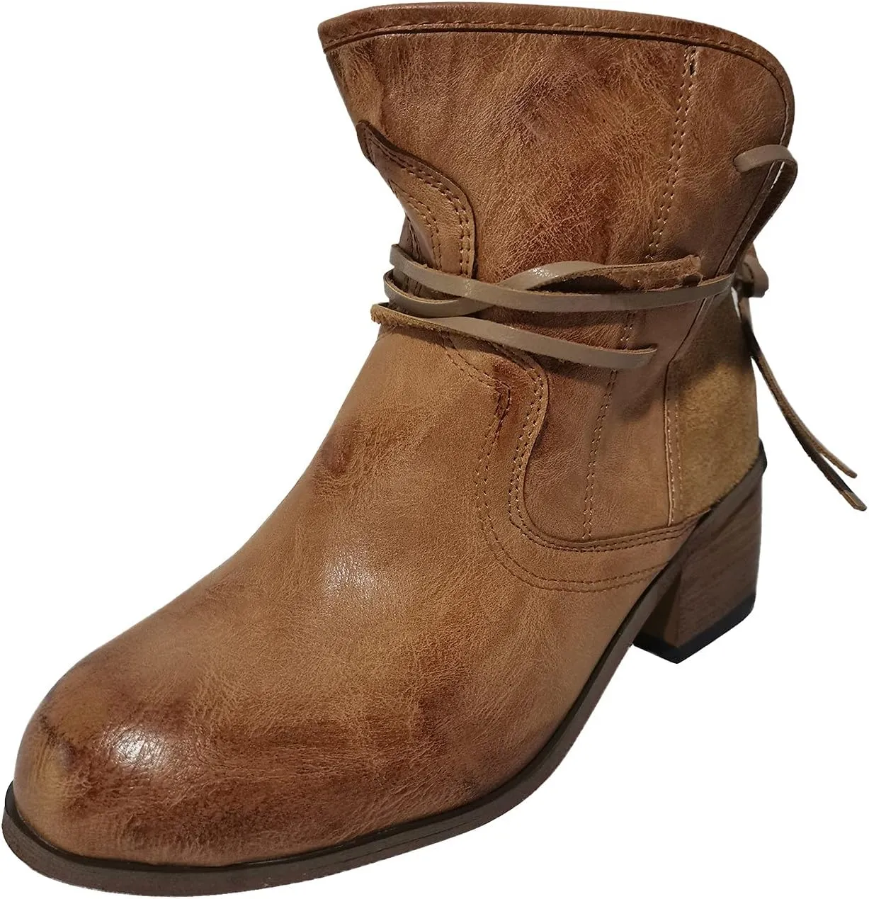 Cowboy Boots for Women Low Heel Mid Calf Boots Block Chunky Heel Pointed Toe Military Zipper Motorcycle Cowboy Ankle Booties 52