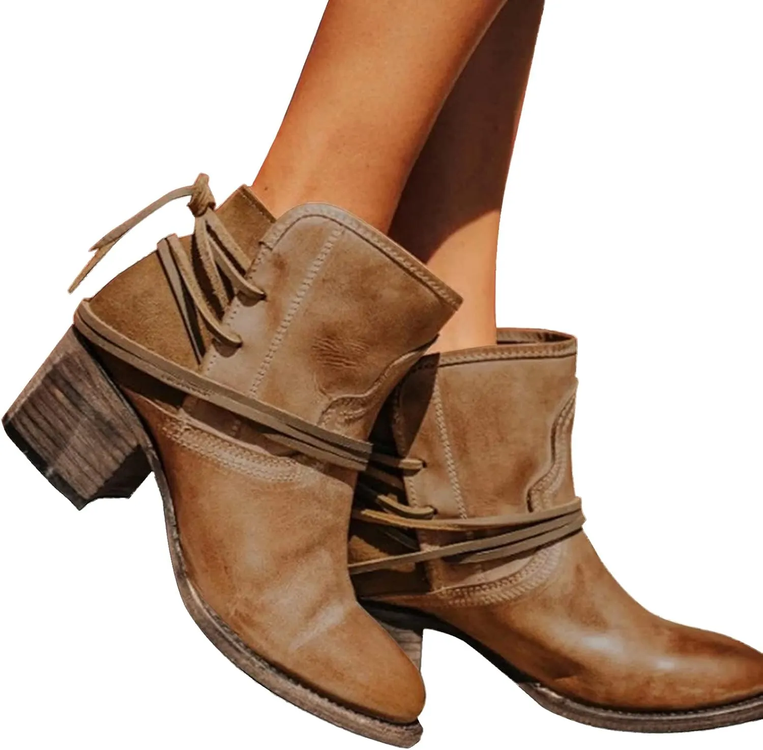 Cowboy Boots for Women Low Heel Mid Calf Boots Block Chunky Heel Pointed Toe Military Zipper Motorcycle Cowboy Ankle Booties 52