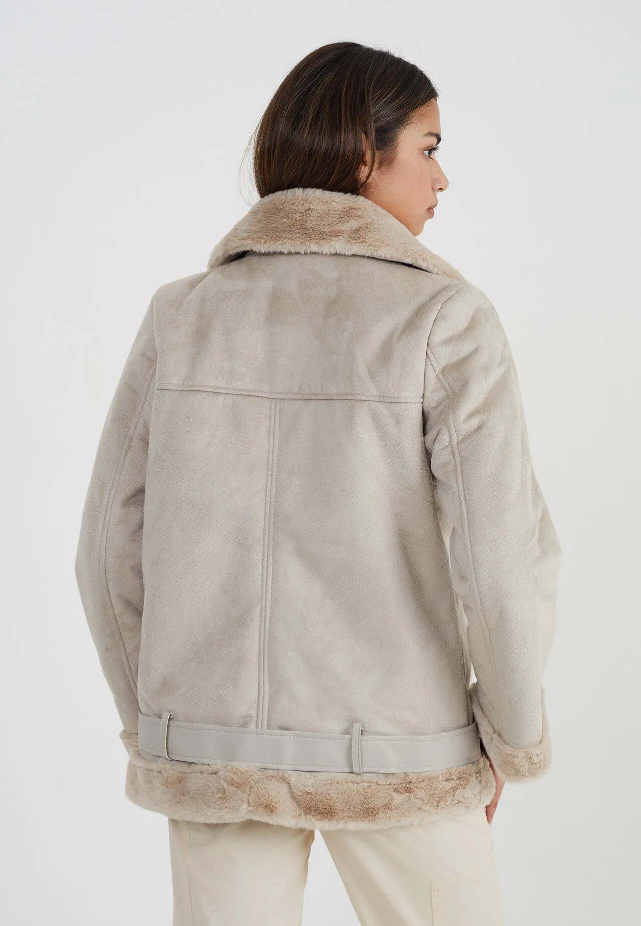 CREAM FAUX SUEDE AVIATOR JACKET WITH FAUX FUR LINING