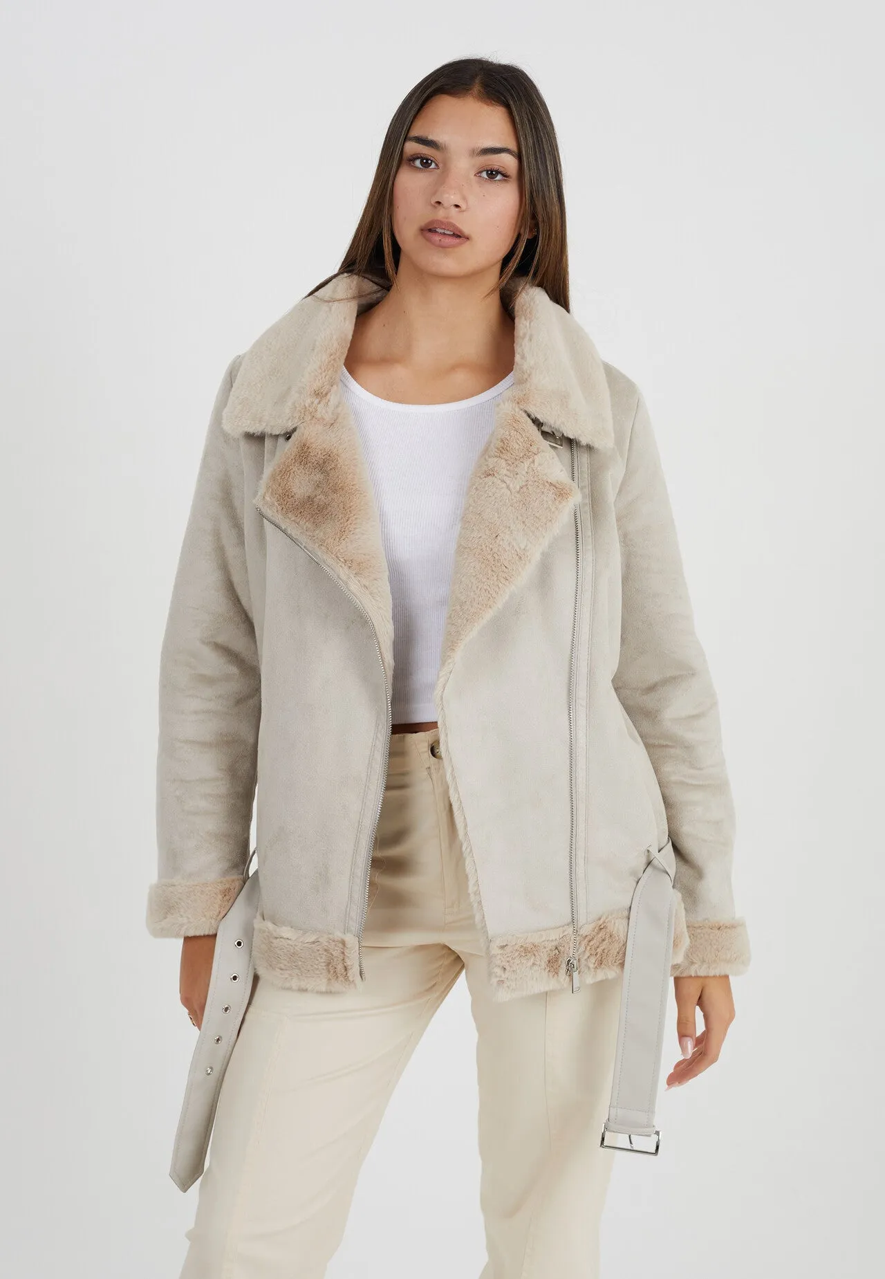 CREAM FAUX SUEDE AVIATOR JACKET WITH FAUX FUR LINING