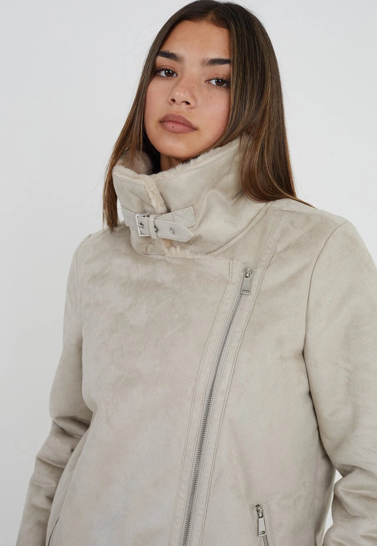 CREAM FAUX SUEDE AVIATOR JACKET WITH FAUX FUR LINING