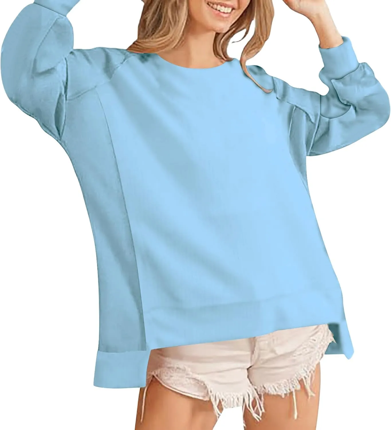Crewneck Sweatshirt Women 2024 Fall New Solid Long Sleeve Tops Casual Oversize Wide Hem Drop Shoulder Pullover