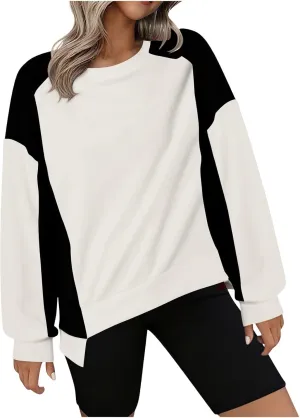 Crewneck Sweatshirt Women 2024 Fall New Solid Long Sleeve Tops Casual Oversize Wide Hem Drop Shoulder Pullover