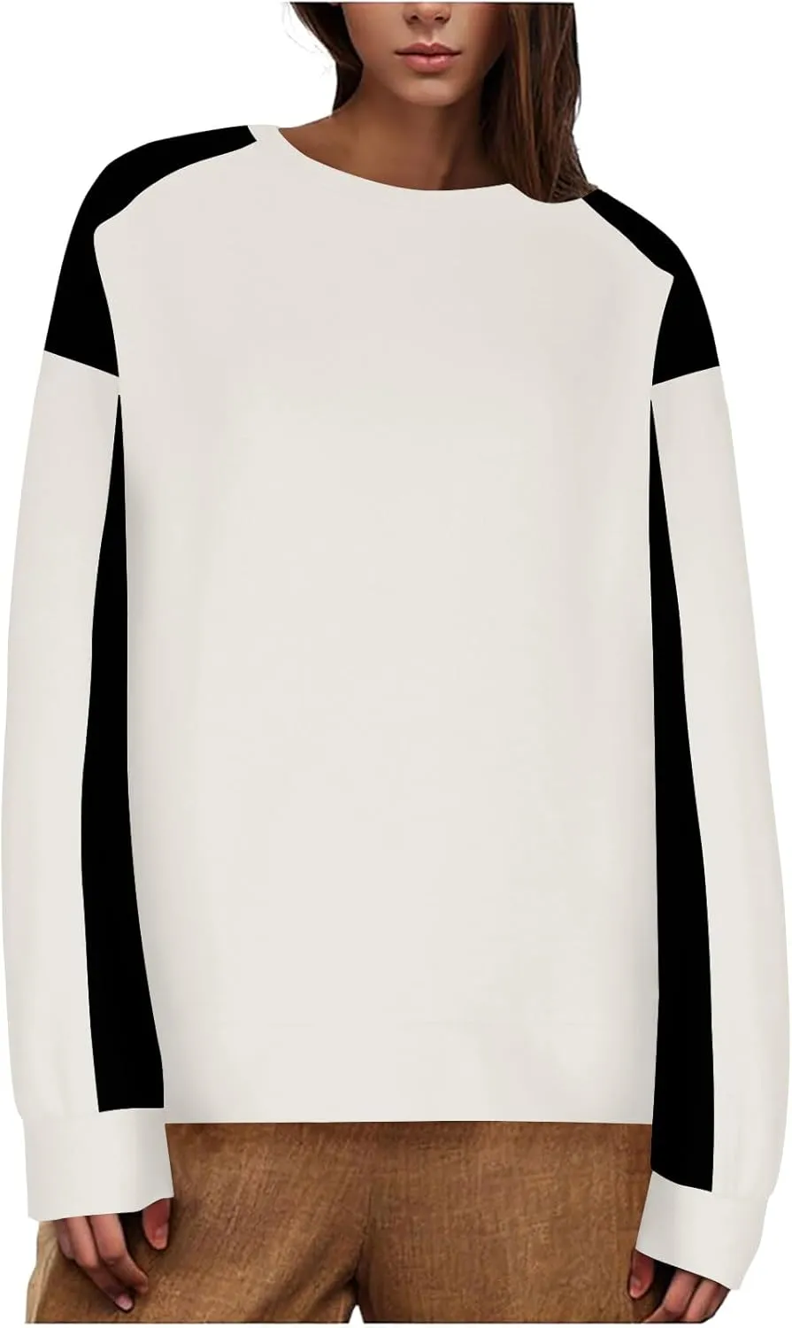 Crewneck Sweatshirt Women 2024 Fall New Solid Long Sleeve Tops Casual Oversize Wide Hem Drop Shoulder Pullover