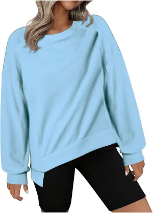 Crewneck Sweatshirt Women 2024 Fall New Solid Long Sleeve Tops Casual Oversize Wide Hem Drop Shoulder Pullover