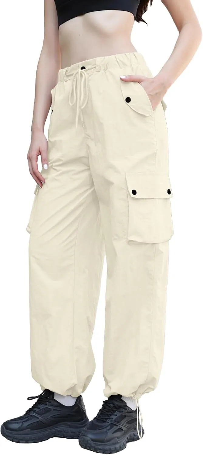 Cromoncent Girls & Womens High Waist Parachute Pants Y2K Waterproof Cargo Trousers with Pockets 6 Years-Women 3XL