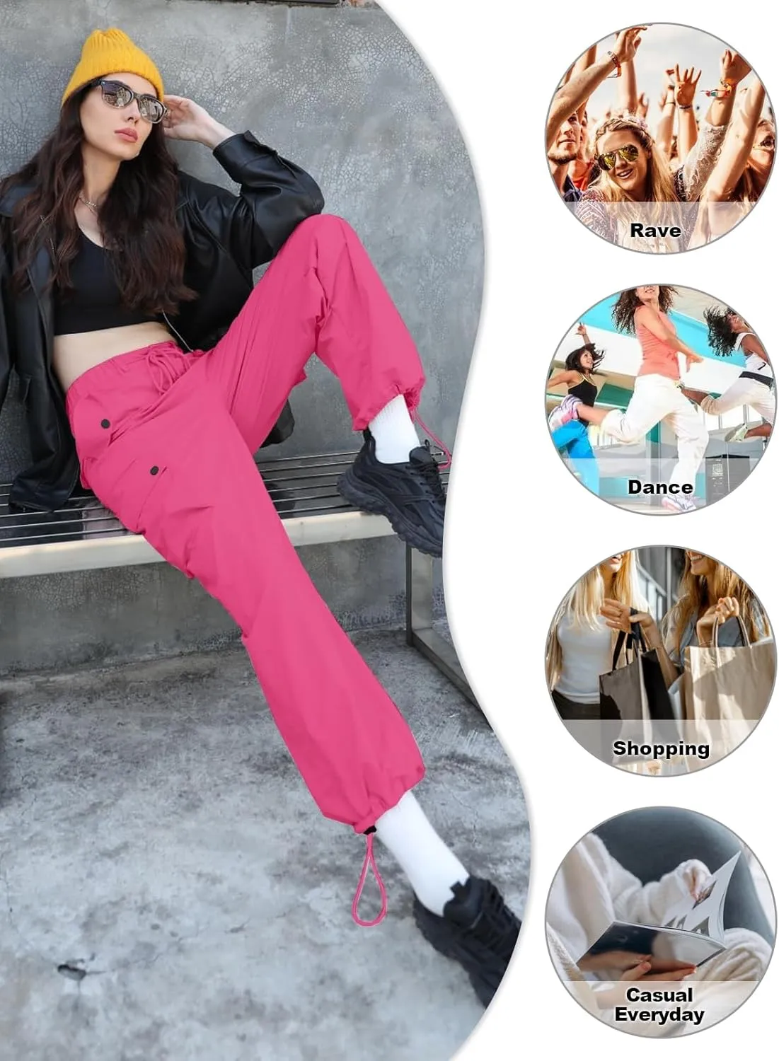 Cromoncent Girls & Womens High Waist Parachute Pants Y2K Waterproof Cargo Trousers with Pockets 6 Years-Women 3XL