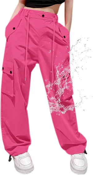 Cromoncent Girls & Womens High Waist Parachute Pants Y2K Waterproof Cargo Trousers with Pockets 6 Years-Women 3XL