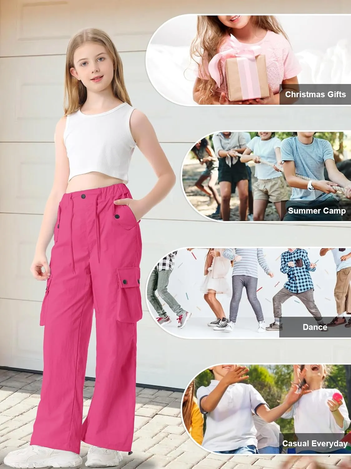 Cromoncent Girls & Womens High Waist Parachute Pants Y2K Waterproof Cargo Trousers with Pockets 6 Years-Women 3XL