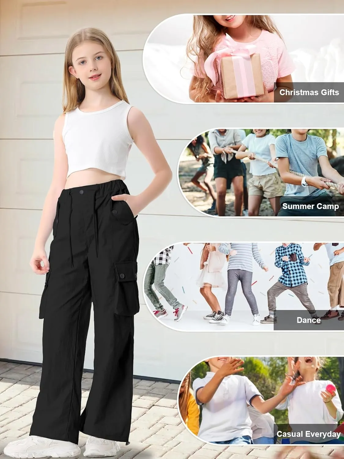 Cromoncent Girls & Womens High Waist Parachute Pants Y2K Waterproof Cargo Trousers with Pockets 6 Years-Women 3XL