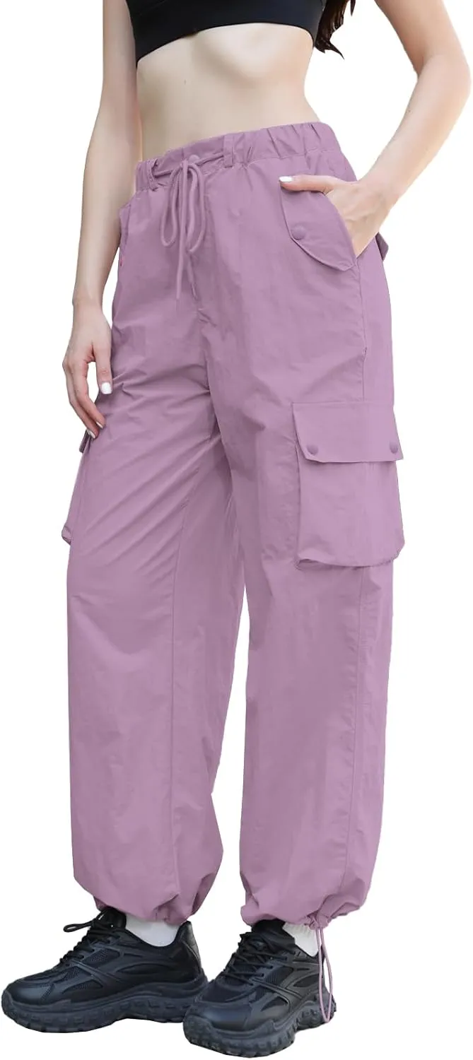 Cromoncent Girls & Womens High Waist Parachute Pants Y2K Waterproof Cargo Trousers with Pockets 6 Years-Women 3XL