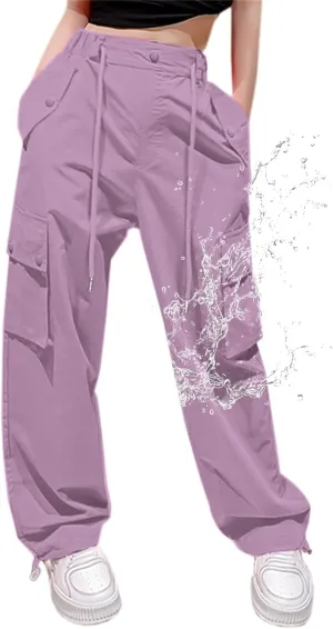 Cromoncent Girls & Womens High Waist Parachute Pants Y2K Waterproof Cargo Trousers with Pockets 6 Years-Women 3XL