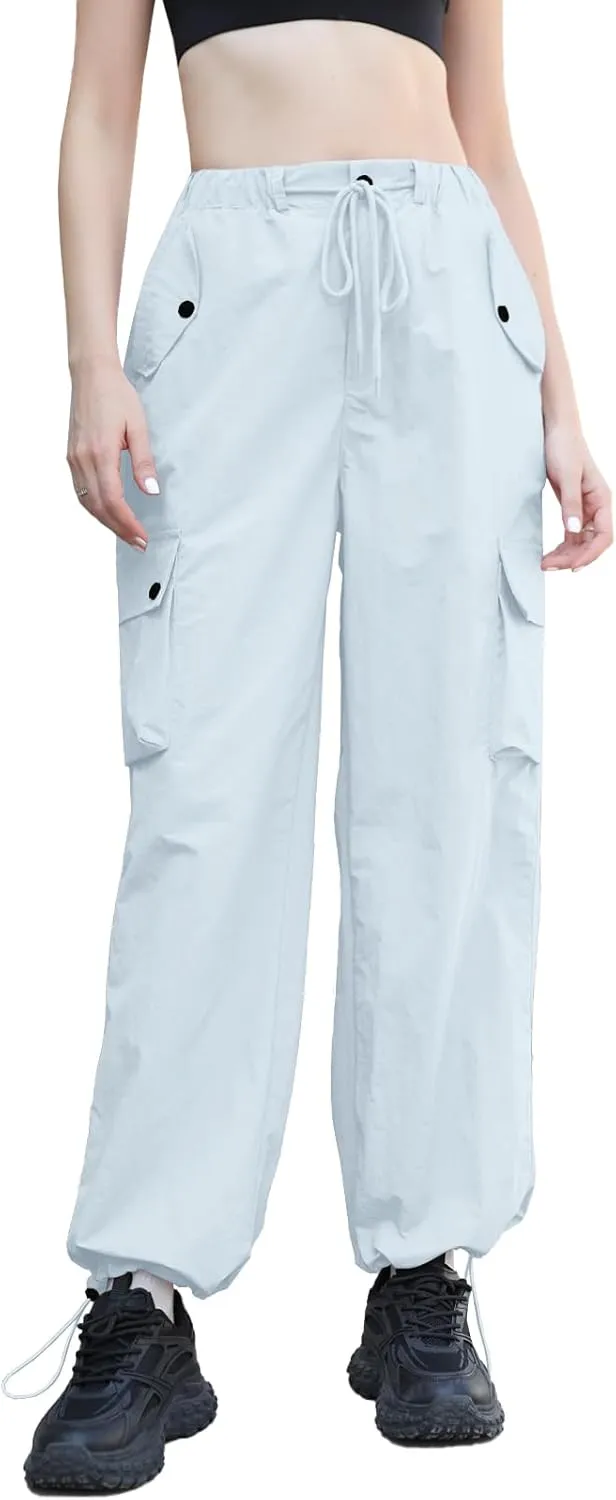 Cromoncent Girls & Womens High Waist Parachute Pants Y2K Waterproof Cargo Trousers with Pockets 6 Years-Women 3XL