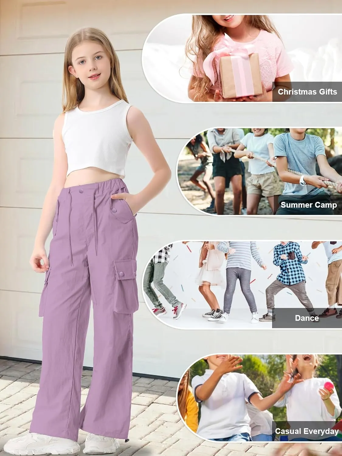 Cromoncent Girls & Womens High Waist Parachute Pants Y2K Waterproof Cargo Trousers with Pockets 6 Years-Women 3XL