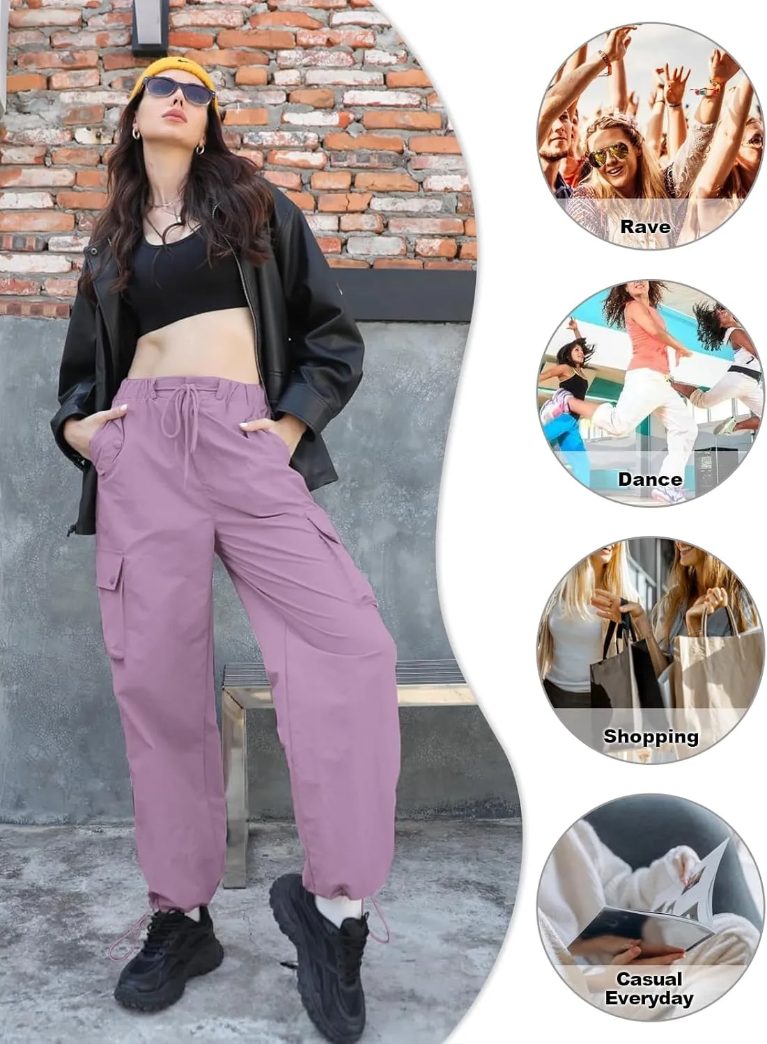 Cromoncent Girls & Womens High Waist Parachute Pants Y2K Waterproof Cargo Trousers with Pockets 6 Years-Women 3XL
