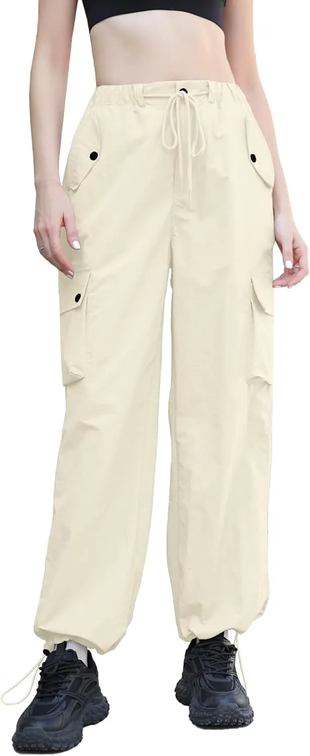 Cromoncent Girls & Womens High Waist Parachute Pants Y2K Waterproof Cargo Trousers with Pockets 6 Years-Women 3XL
