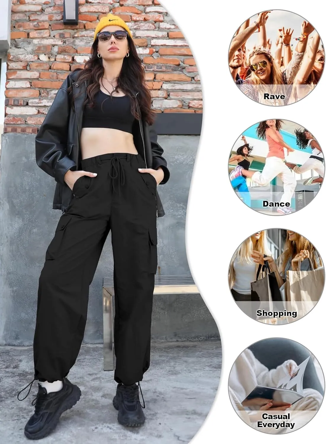 Cromoncent Girls & Womens High Waist Parachute Pants Y2K Waterproof Cargo Trousers with Pockets 6 Years-Women 3XL